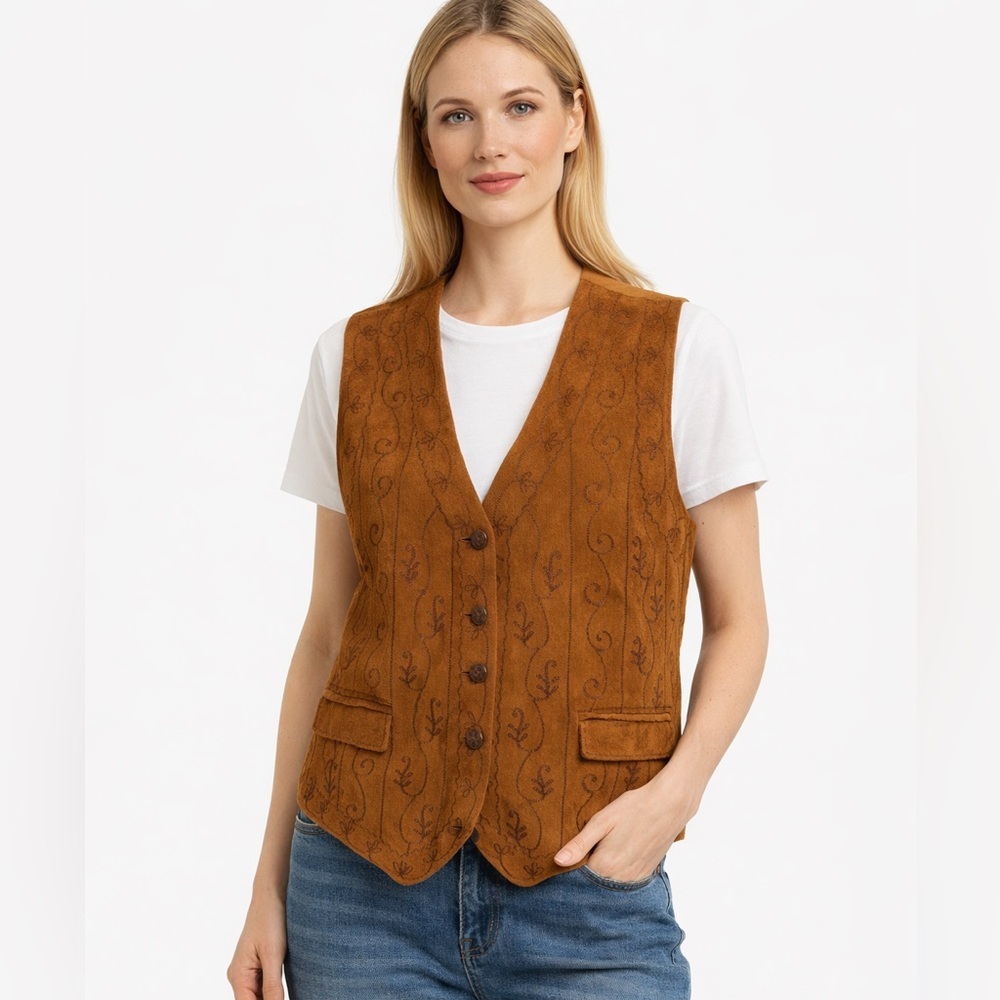 Agapo Vintage Genuine Leather Embroidered Vest Cognac Brown NWT, XL / XXL